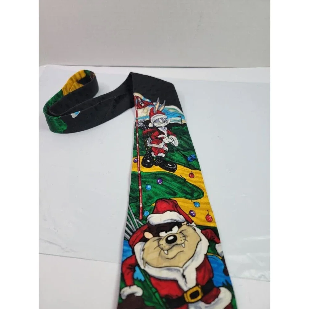 Vintage Looney Tunes Christmas Golf Silk Tie Taz Bugs Bunny Santa 1996 Holiday